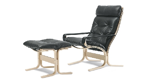 Sessel Siesta Classic hoch mit Fußhocker, Leder schwarz, Buche natur