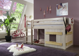 Bild von Mittelhohes (140) Kinderbett, Holzdekor, mit Schrägleiter, Kiefer massiv